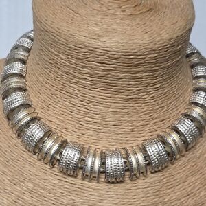 Vintage 80s Gold-tone Textured Geometric Link Collar Necklace